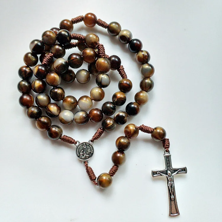 Olivenorma 10mm Agate Beads Jesus Cross Pendant Rosary Necklace