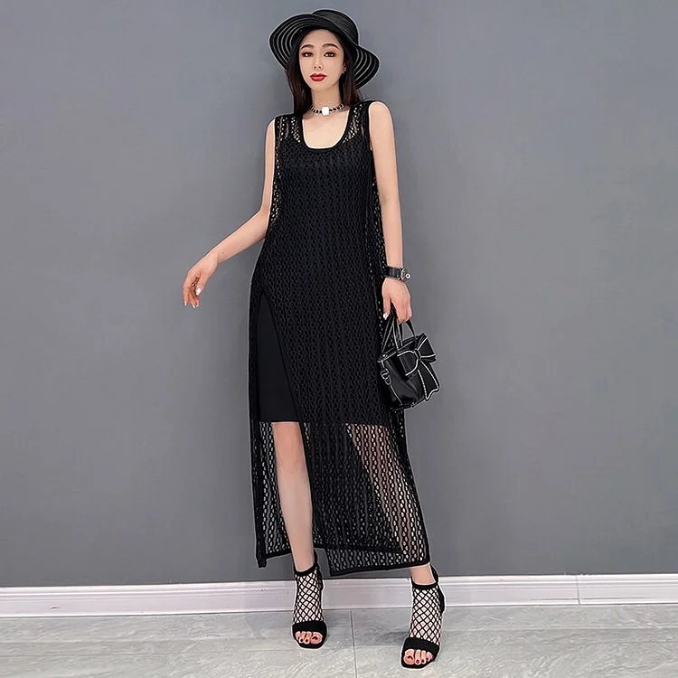 Elegant Solid Color O-neck Split Sleeveless Ankle-length Dress 