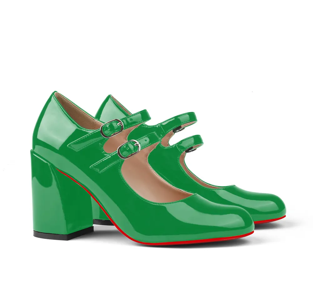 85mm Chunky Low Block Heels Mary Jane Closed Toe Work Pumps Comfortable Round Toe Dress Wedding Red Bottom Shoes-vocosishoes