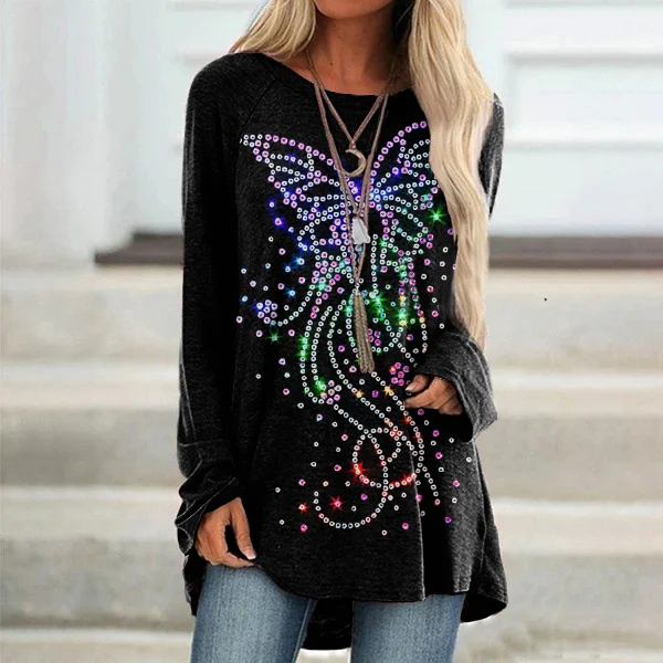 Butterfly Print Round Neck Casual Tunic