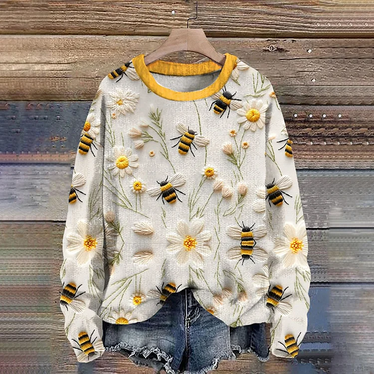 VChics Daisy Bee Embroidery Art Print Casual Sweatshirt