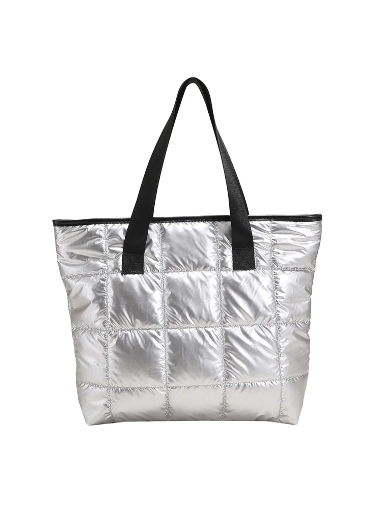 Women Space Padded Top-handle Bag Solid Color Zipper Shoulder Bag (Silver)