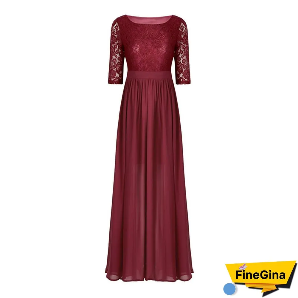 Womens Half Sleeved Embroidered Lace Top Front Slit Chiffon Wedding Bridesmaid Gown Prom