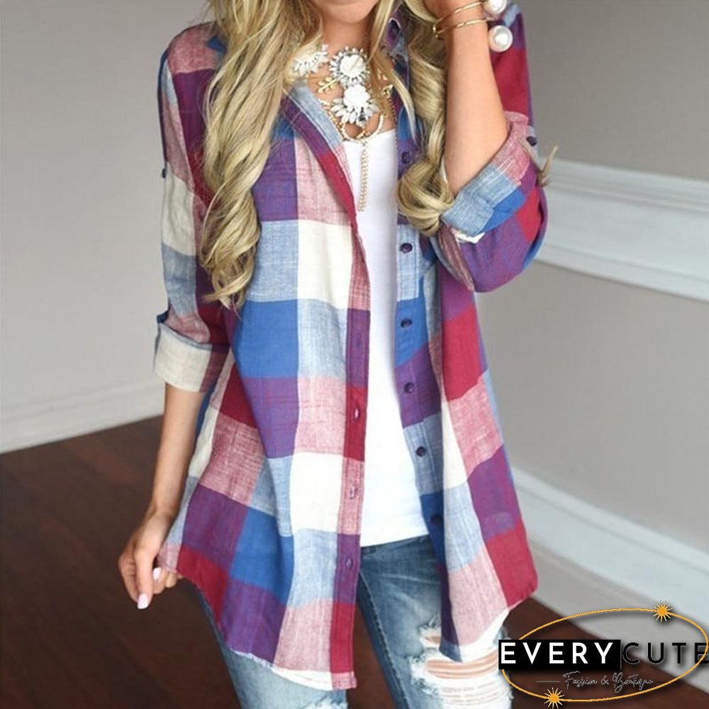 Fashion women Casual Matching Color Long Sleeve Button Loose Plaid Shirt Top Blouse