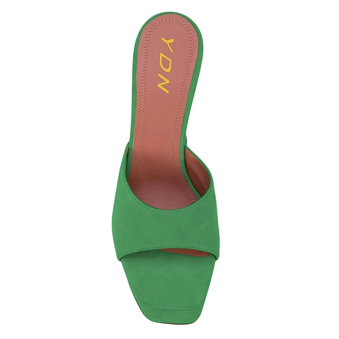 Green Flared High Heel Wide Strap Square Toe Platform Mules Sandals