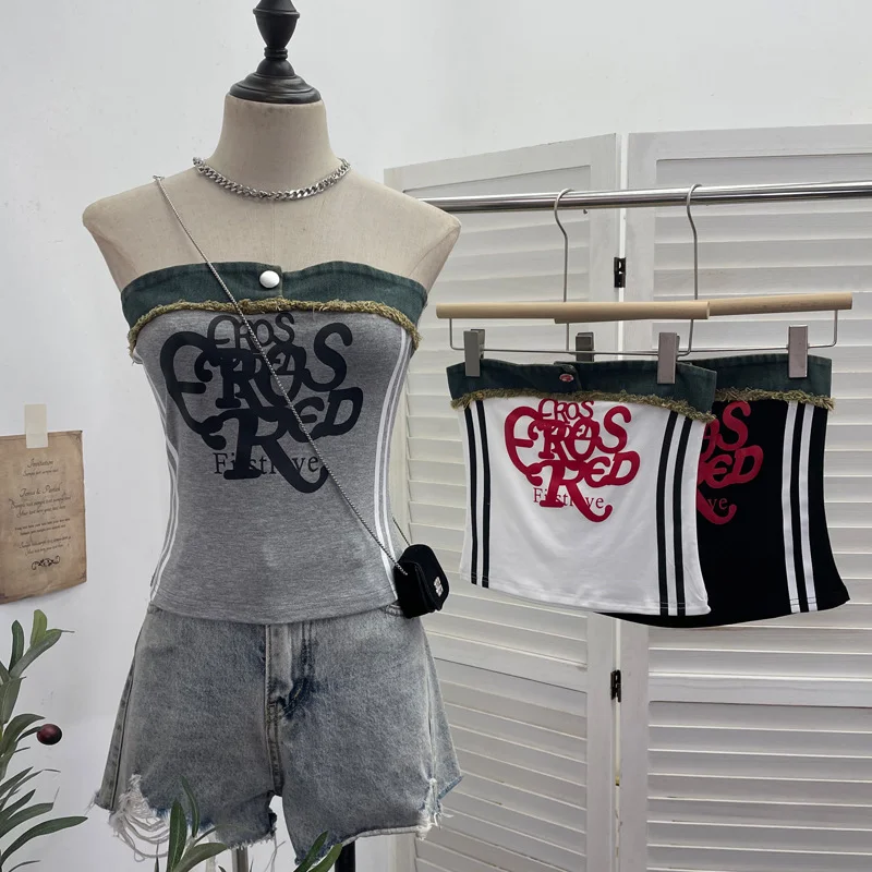 Nigikala Nigikala Shooting Cowboy Splicing Braid Vest Babes Letter Graffiti Printing Short Sleeveless Outside Wear 8927
