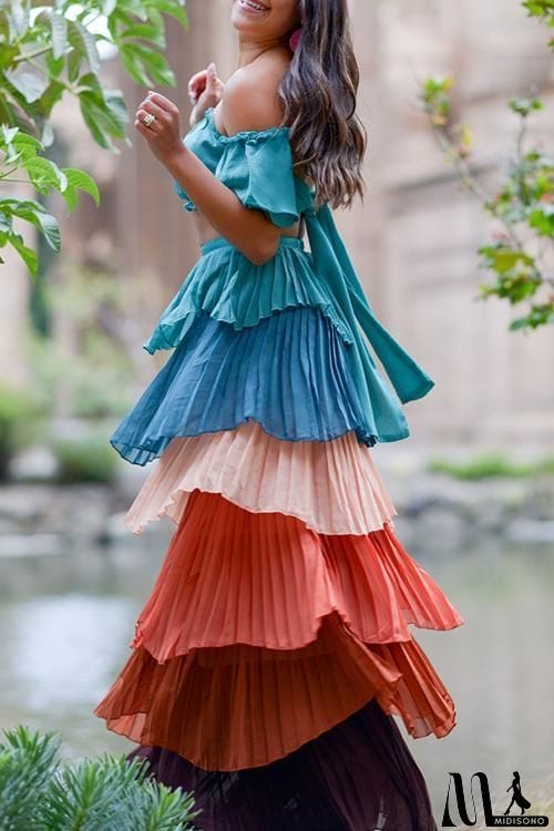 MidiSono - Pleat Layers Off Shouder Skirt Dress