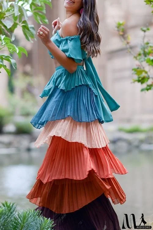 MidiSono - Pleat Layers Off Shouder Skirt Dress