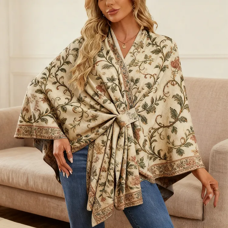 Vintage printing Elegant Shawl Wraps Soft Open Front Poncho Sweater 