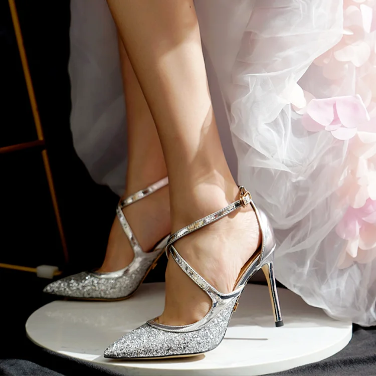 Silver Glitter Strappy Pumps Pointy Toe Stilettos Office Heeled Shoes |FSJ Shoes