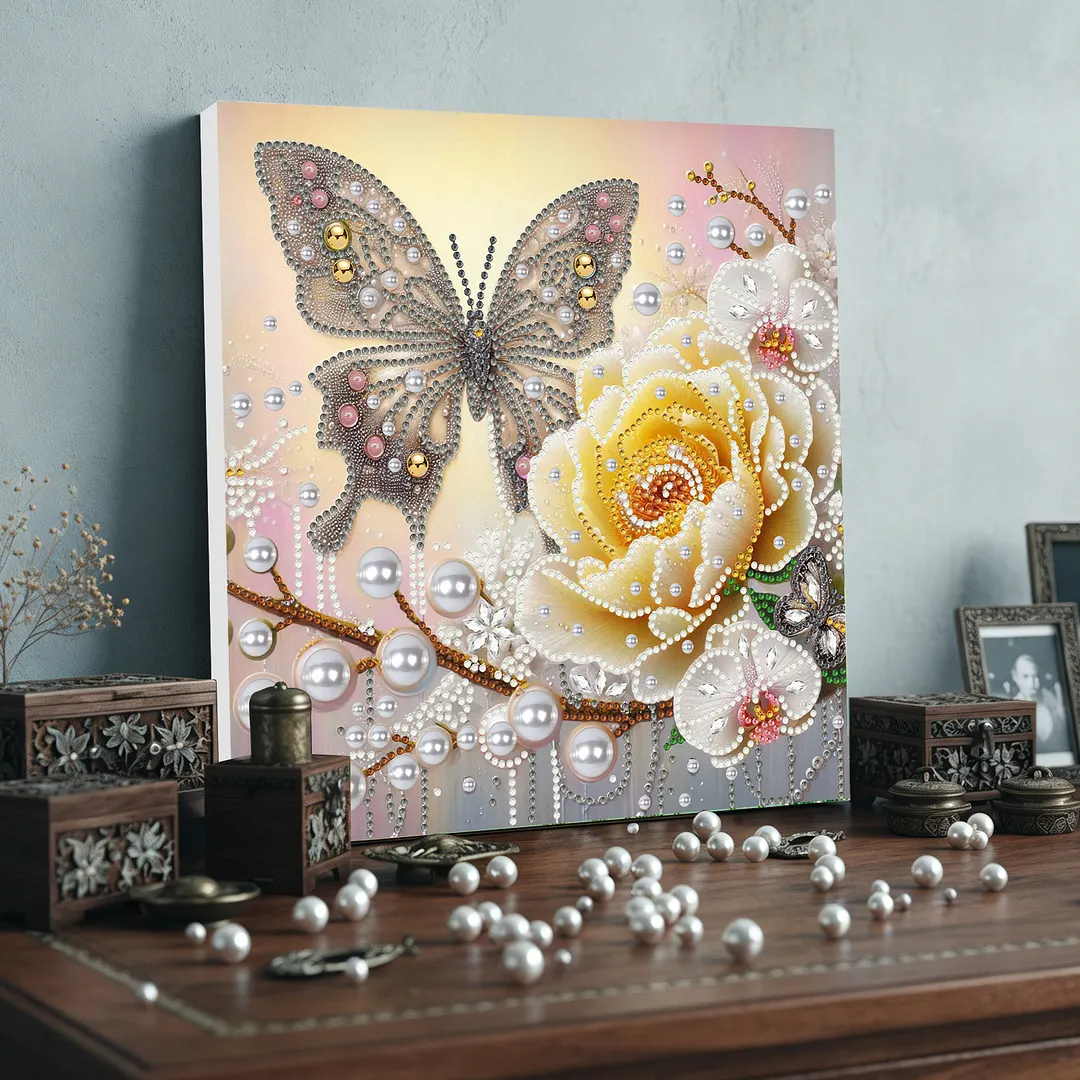 Yellow Butterfly DIY Special Shape Drill Diamond Art Pearl Painting Kit with Frame 25x25cm Art Craft Pearl Diamond Painting for Adults Beginners Home Decor