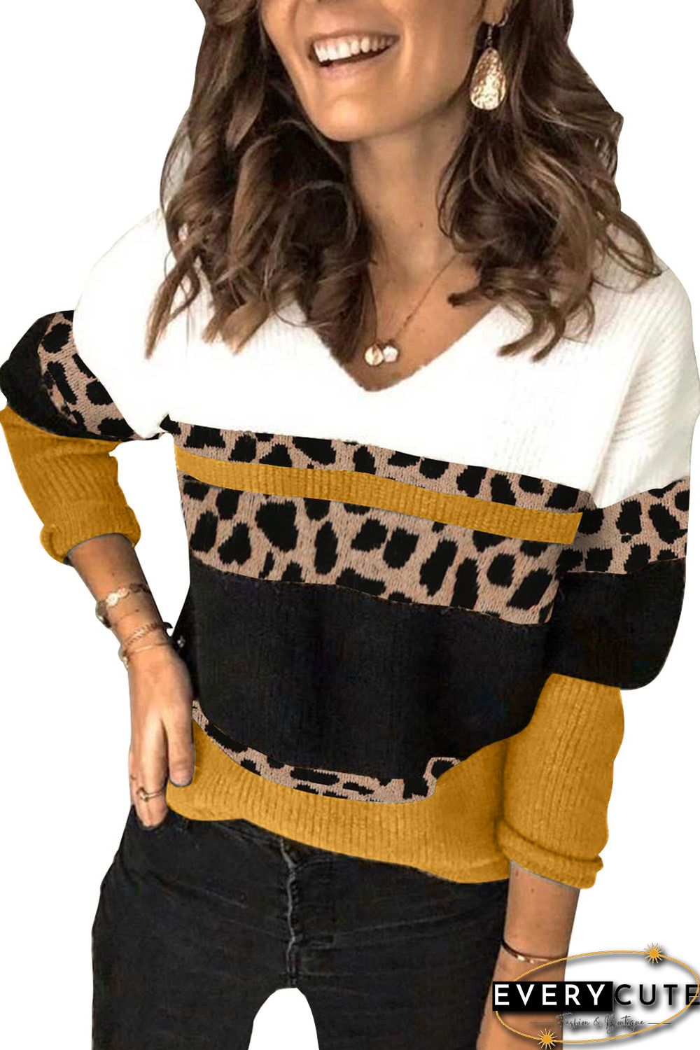 Yellow Leopard Print Color Block V Neck Sweater