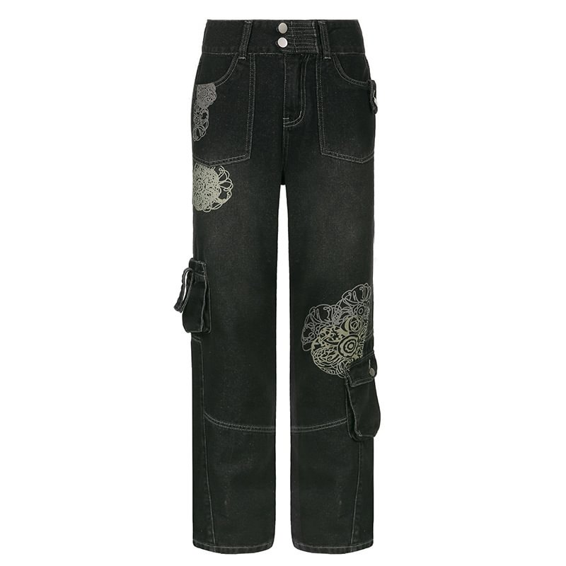 Autumn Retro Hipster Pocket Print Contrast Mid Waist Jeans Wide Leg Pants Trousers