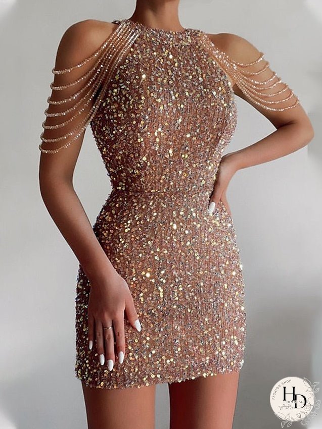 Bodycon Mini Dress Black Pink Sleeveless Pure Color Sequins Tassel Fringe Beads Spring Summer Crew Neck Hot Elegant Party S M L XL / Party Dress for Women