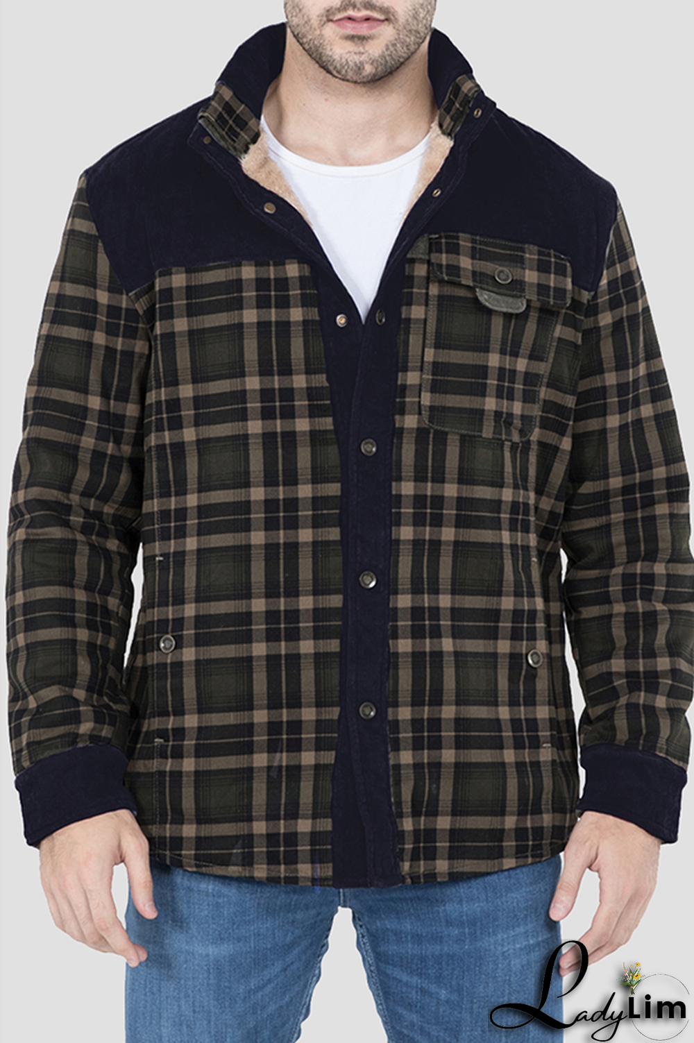 Dark Green Casual Plaid Split Joint Buckle Turndown Collar Outerwear