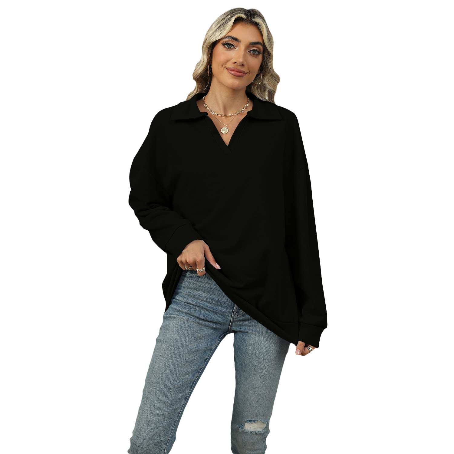 Mature Women New Lapel V-neck Sweatshirt Fashion Casual Loose Solid Color Pullover Top