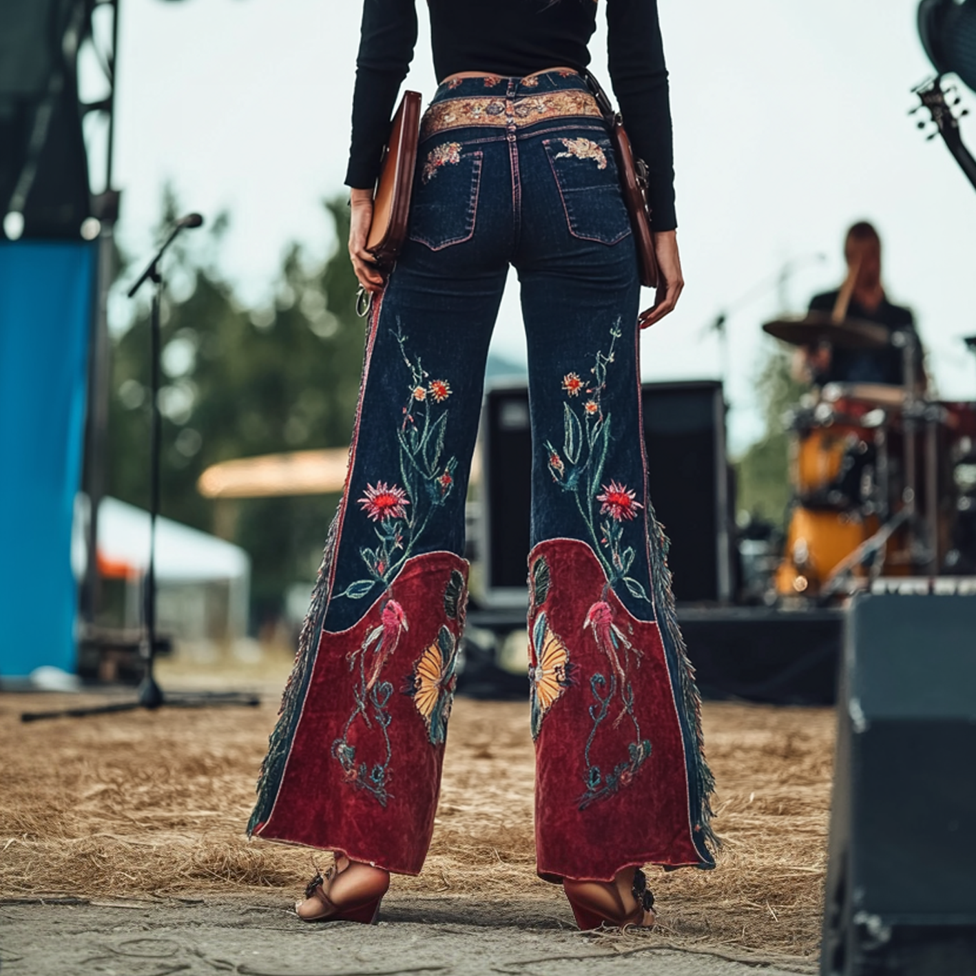 Women's Floral Embroidered Denim Bell-bottoms With Velvet Accents