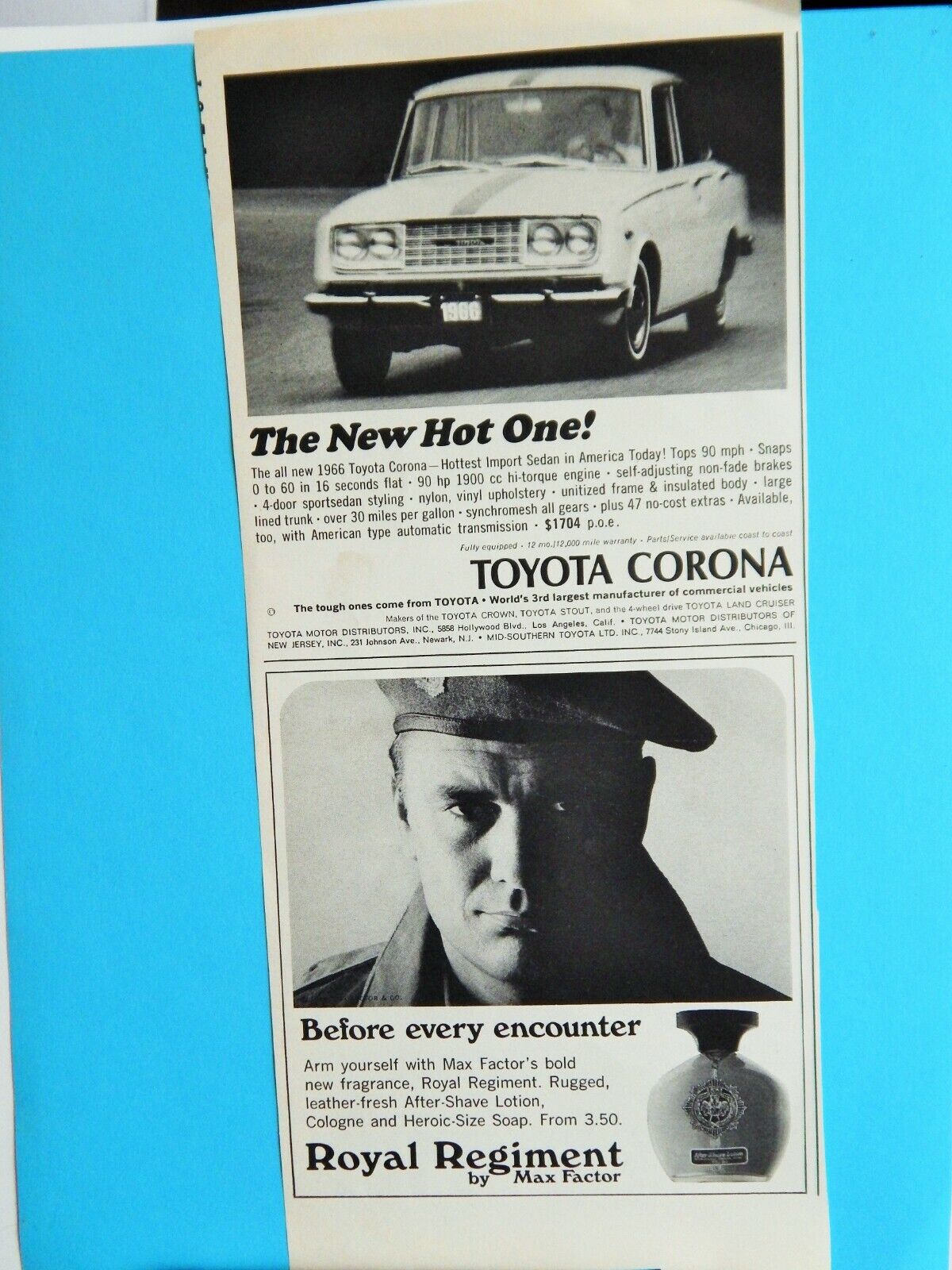 TOYOTA CORONA / ARNOLD PALMER PBM / ROYAL REGIMENT ORIG. VTG 1966 Photo Poster painting AD,