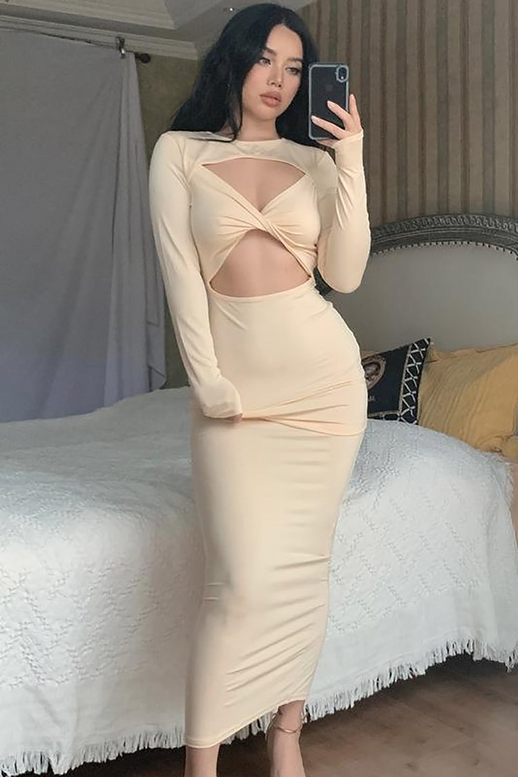 Front Cut Out Long Sleeve Bodycon Maxi Dresses