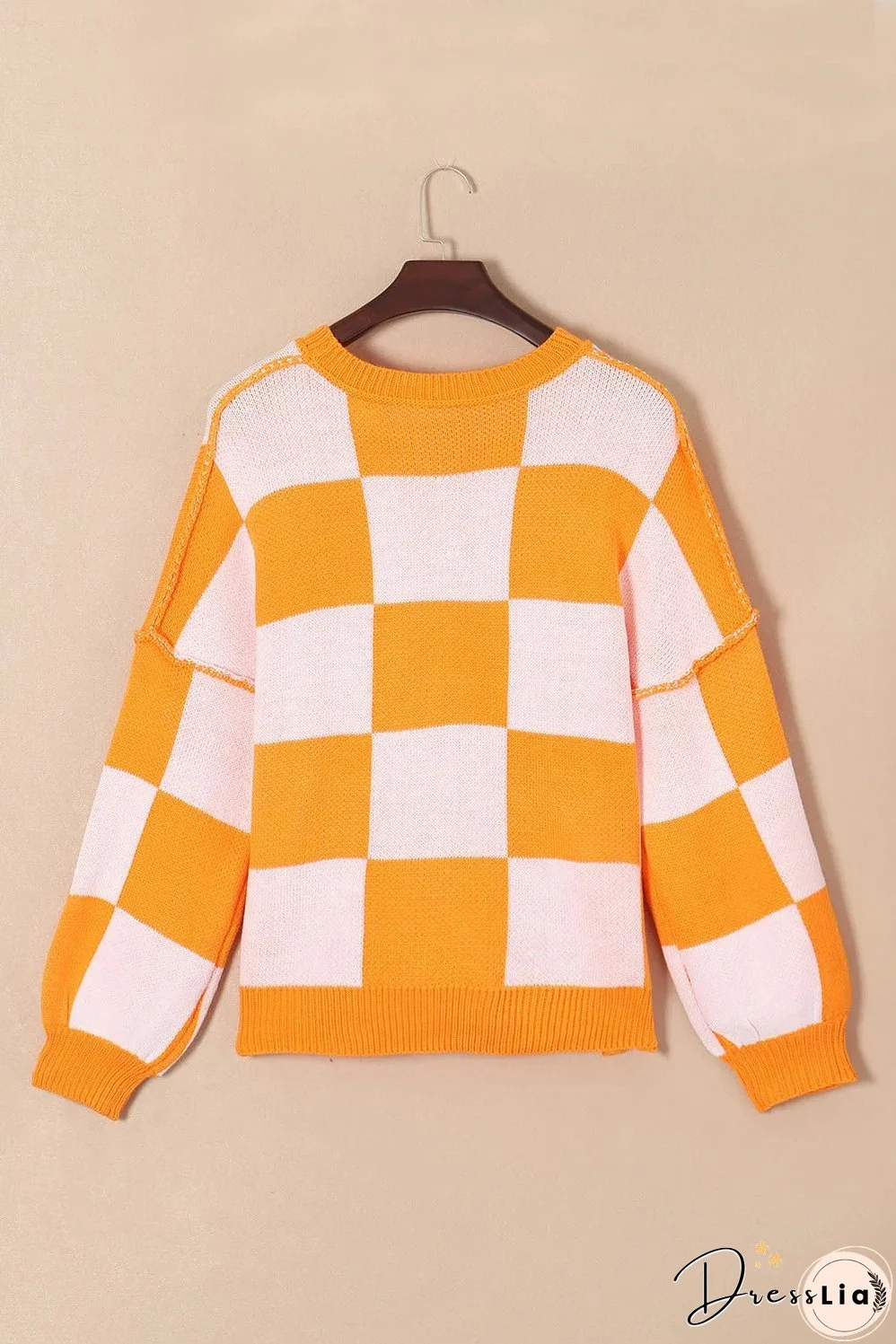 Pumpkin Checkered Round Neck Long Sleeve Sweater