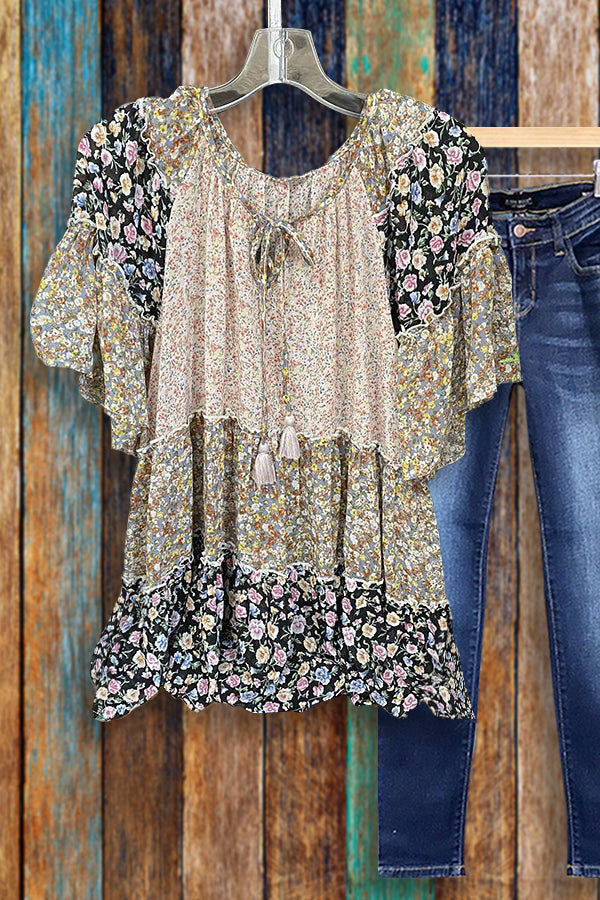 Bohemian Flowers Print Lapel 3/4 Sleeve Button-down Shirt main image 0