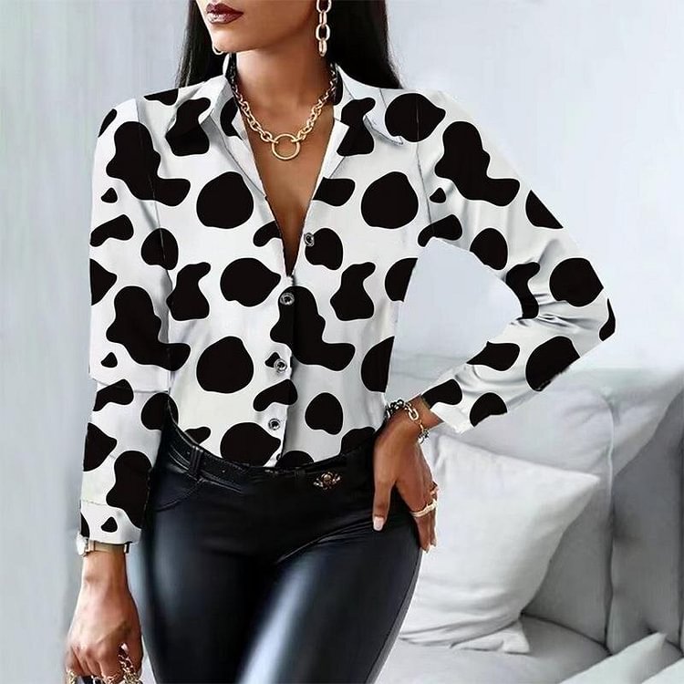 New Fashion Blouse Cow Pattern Polo Shirt Women Long Sleeve Button Down Print Shirt Tops Ladies Tops
