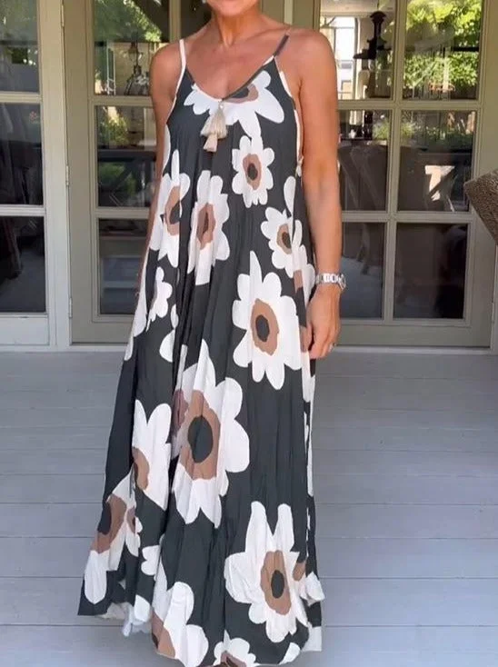 Casual V-neck Printed Suspender Dress
