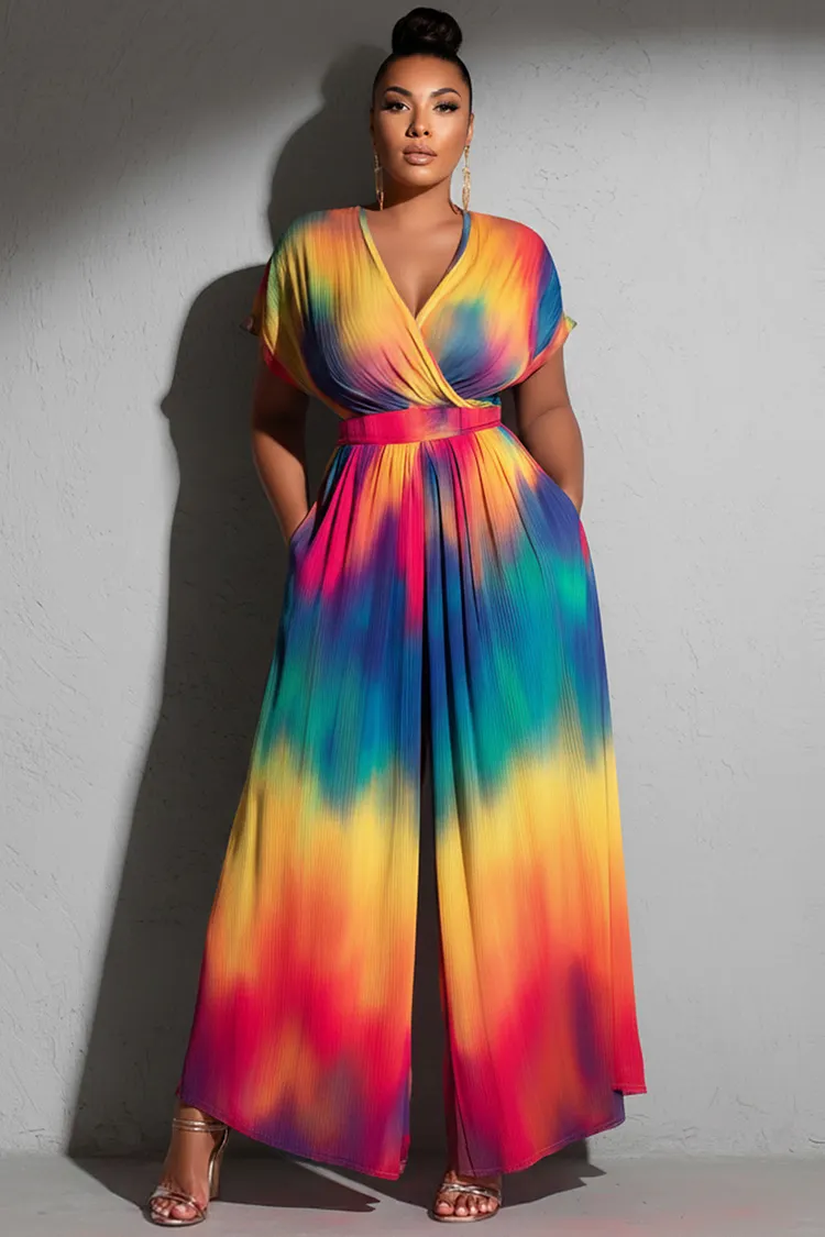 Xpluswear Design Plus Size Party Rainbow Gradient Wrap Neck Short Sleeve Wide Leg Pocket Jumpsuits [Pre-Order] 2024 - Xpluswear