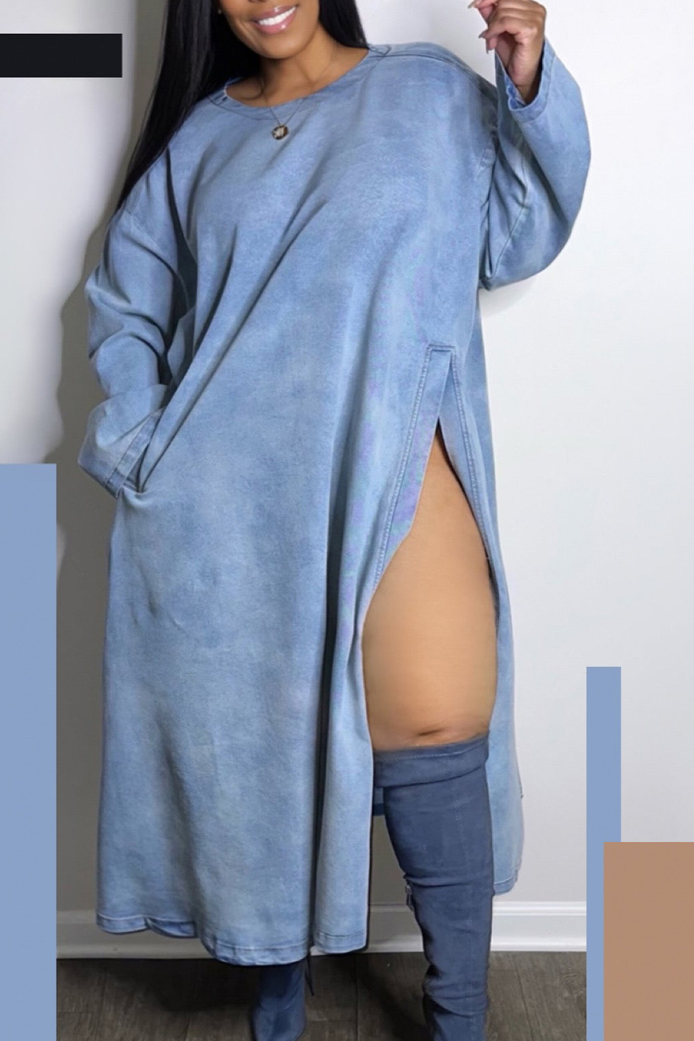 Plus Size Casual Light Blue Spring Summer Round Neck Long Sleeve Split Pocket Knitted Midi Dresses [Pre-Order]