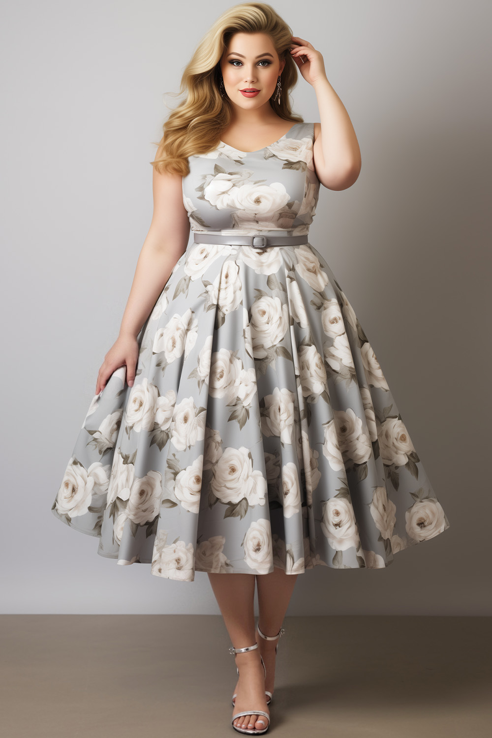 Flycurvy Plus Size Wedding Guest Light Gray Satin Floral Print Pleated Hem Belt Midi Dress 2024 - Flycurvy 