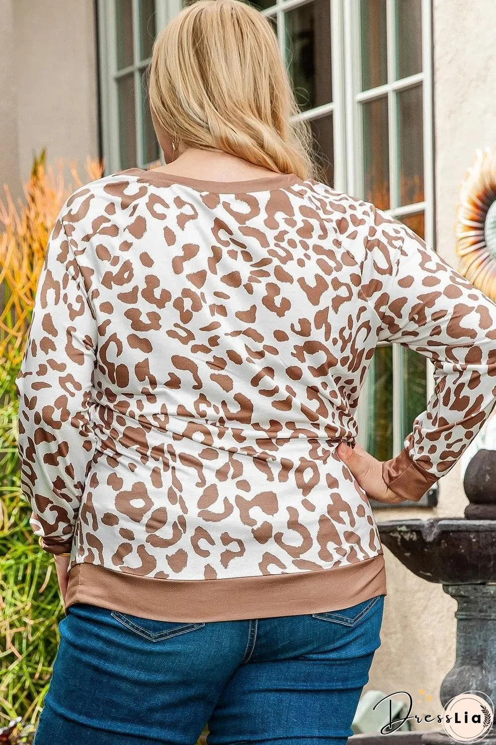 Khaki Printed Plus Size Leopard Print Boat Neck Long Sleeve Top
