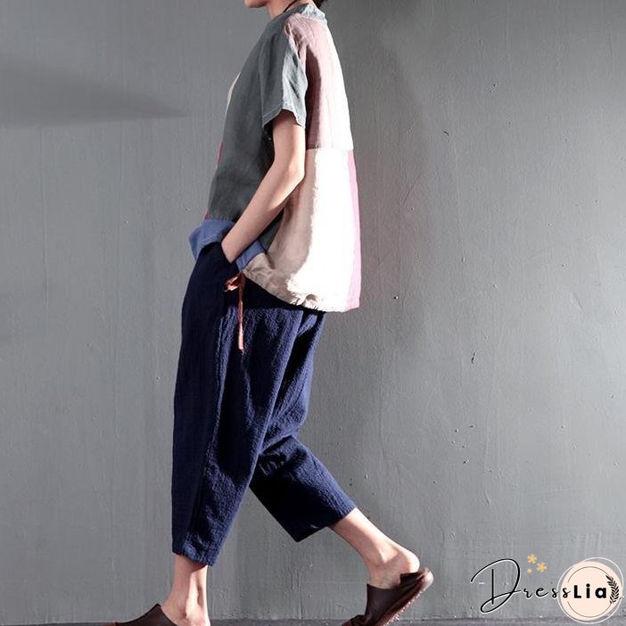 New gray patchwork women linen shirt plus size short blouse top