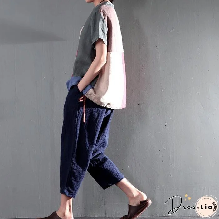 New gray patchwork women linen shirt plus size short blouse top