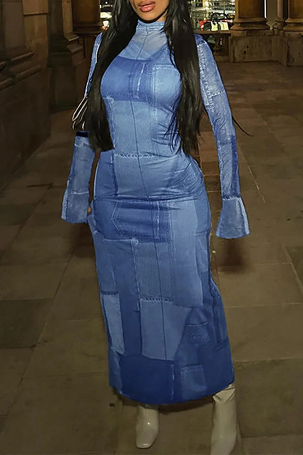 Denim Print Hot Bodycon Midi Dress