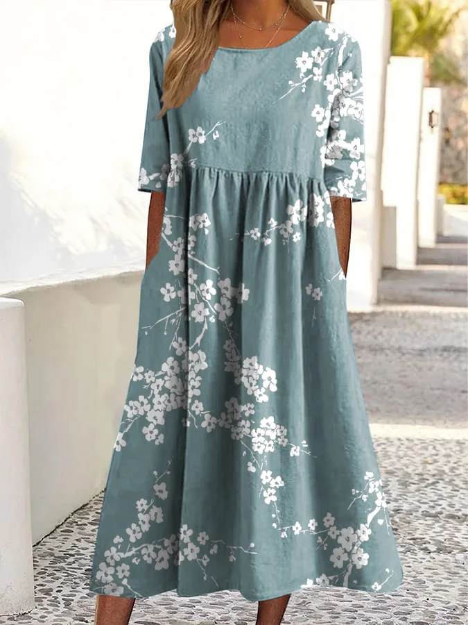Vintage Floral Print Crewneck Pocket Midi Dress