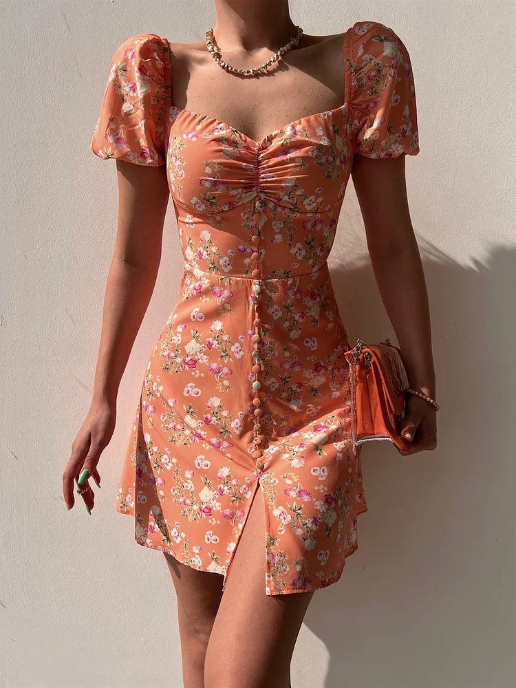Women's Elegant Print Women's Sexy V Neck Puff Sleeve Mini Slit Dress