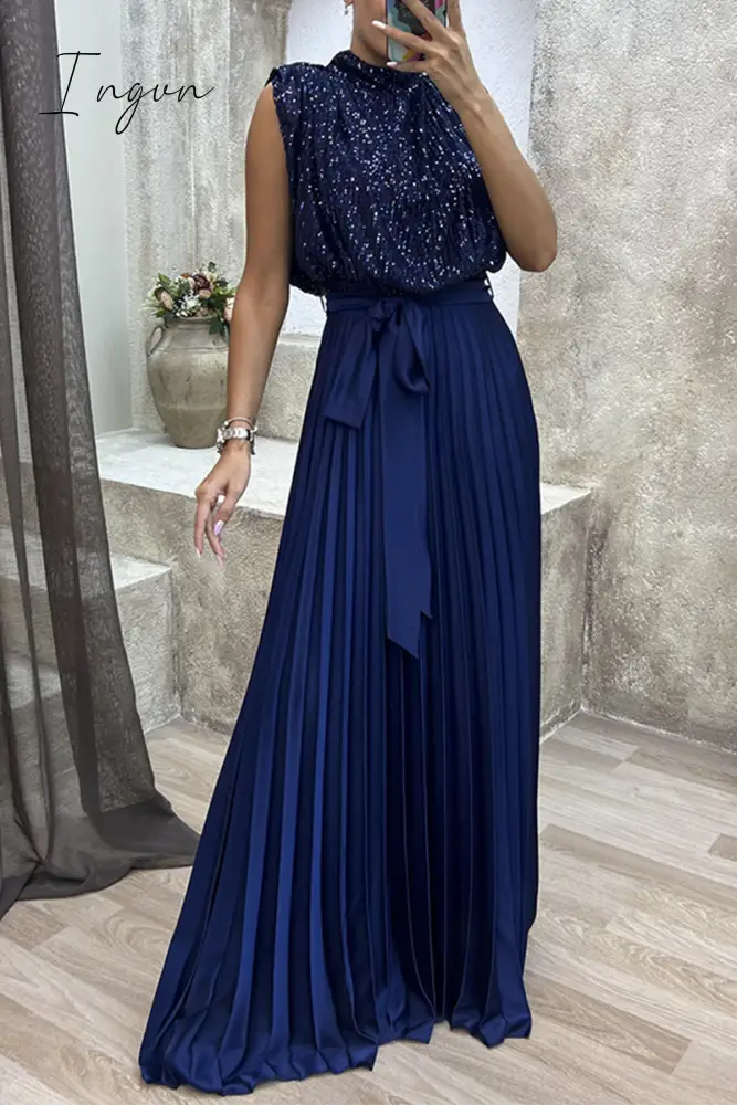 Ingvn - Elegant Solid Sequins Frenulum Fold Half A Turtleneck Evening Dress Dresses Deep Blue / S