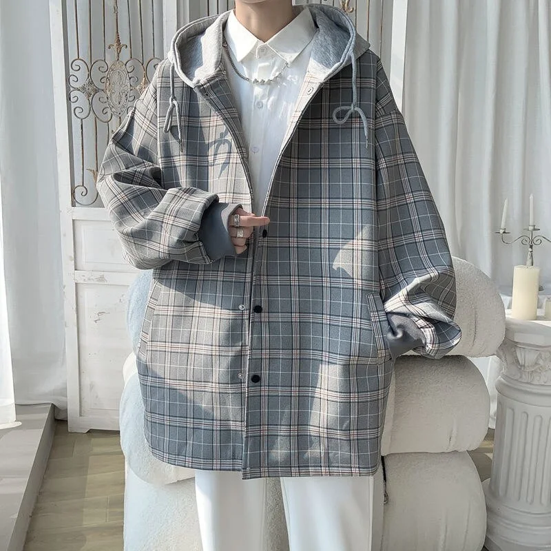 Brownm Oversized Plaid Men Hooded Coat Windbreaker Korean Style Fashion Spring New Casual Male Jackets Harajuku Outerwear