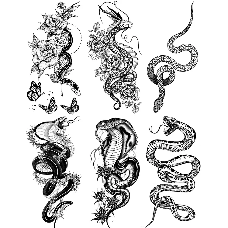 6 Sheets Black Snake Dragon Temporary Tattoo Sticker