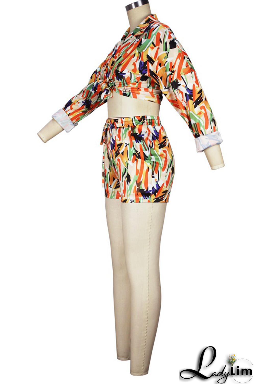 Orange Casual Print Patchwork Turndown Collar Long Sleeve Two Pieces