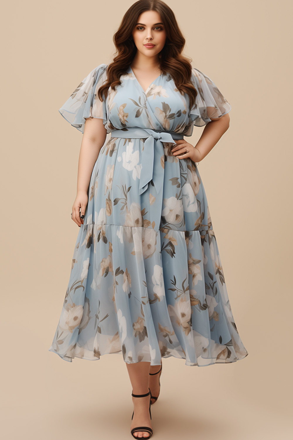 Flycurvy Plus Size Vacation Light Blue Chiffon Floral Print Wrap Flutter Sleeve Midi Dress 2024 - Flycurvy 