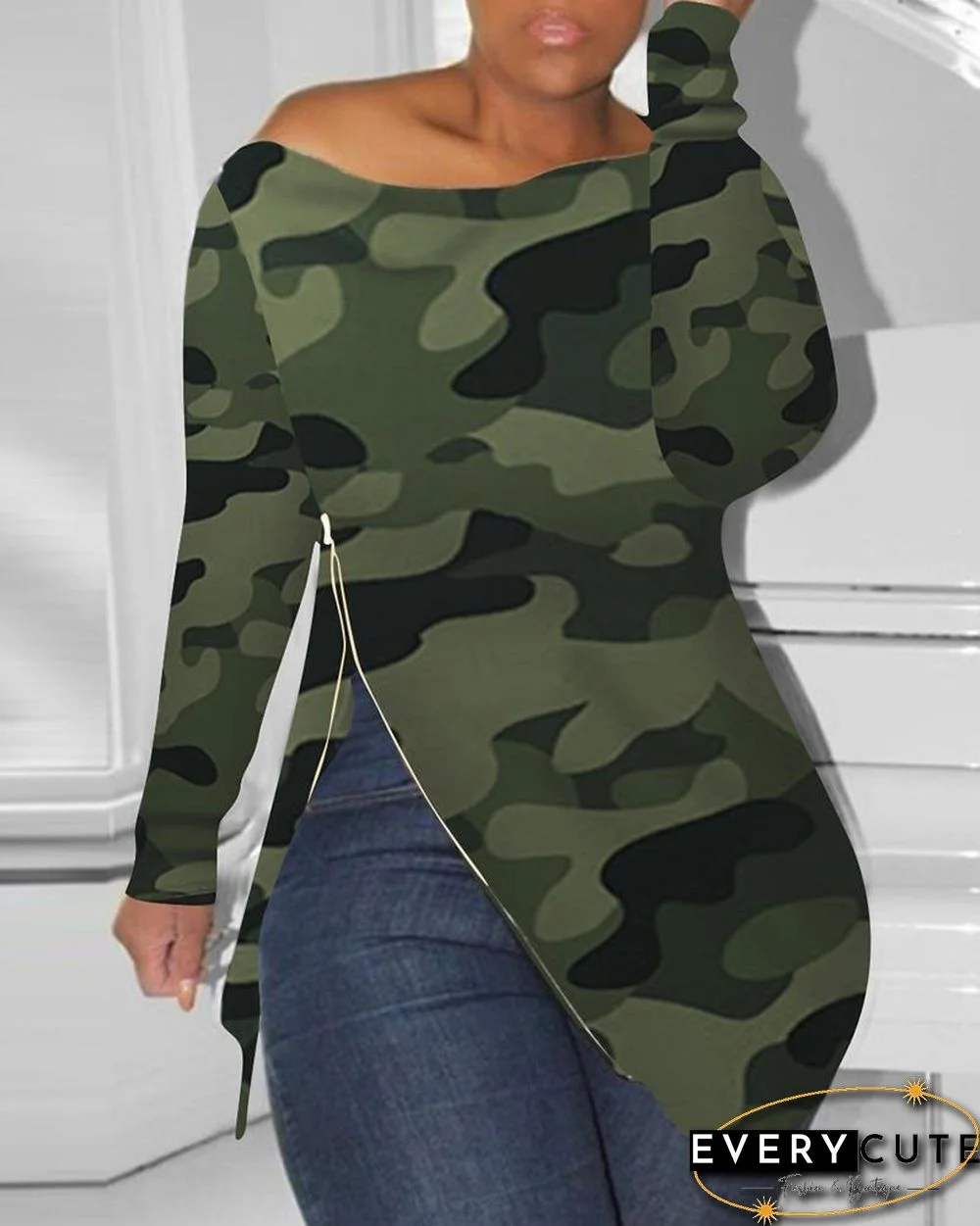 Skew Neck Camouflage Slit Long Sleeve Irregular Hem Blouse