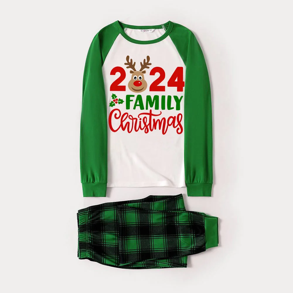 "2024 Family Christmas" Moose Letter Prints Green Rotator Cuff Top With Green & Black Plaid Family Matching Pajamas