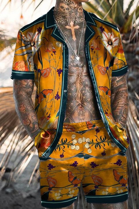 Tiboyz Men‘s Outfits Yellow Print Shirt And Shorts Beach Two Piece Set