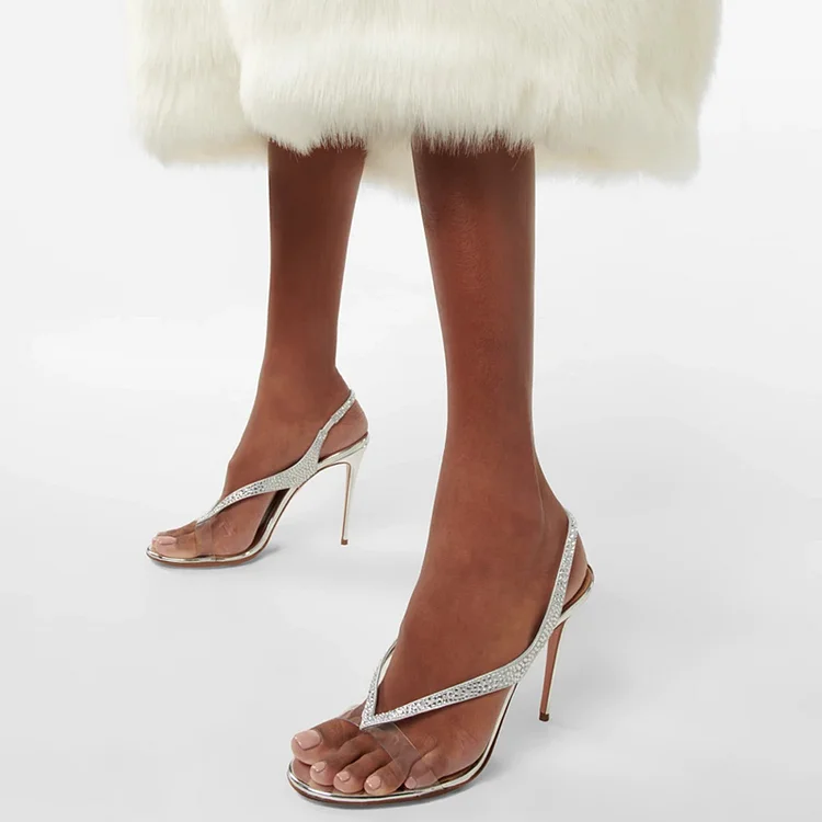 Women's Silver Rhinestones Thong Sandal Elegant Stiletto Heeled Sandal |FSJ Shoes