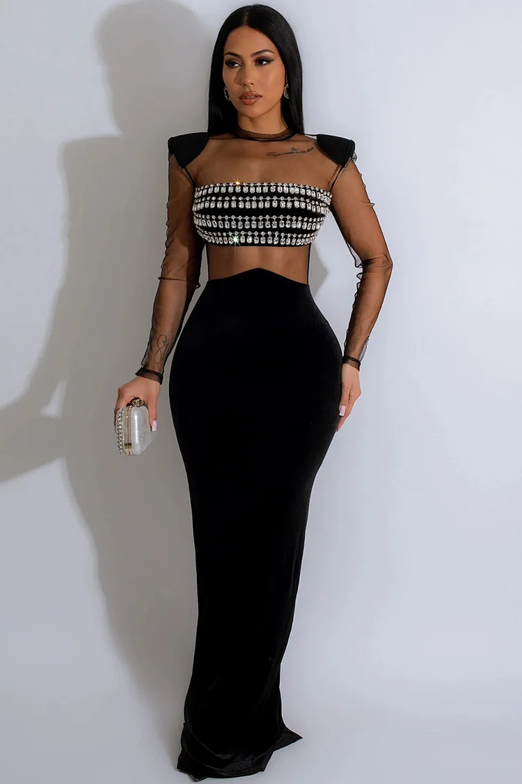 See-Through Mesh Rhinestone Patchwork Maxi Dress-Black