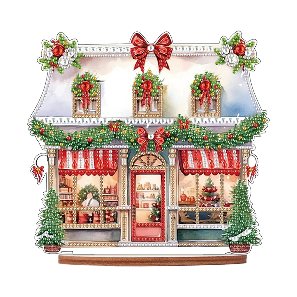 DIY Xmas Sho House Wooden Single Sided Diamond Painting Desktop Decor for Office Decor