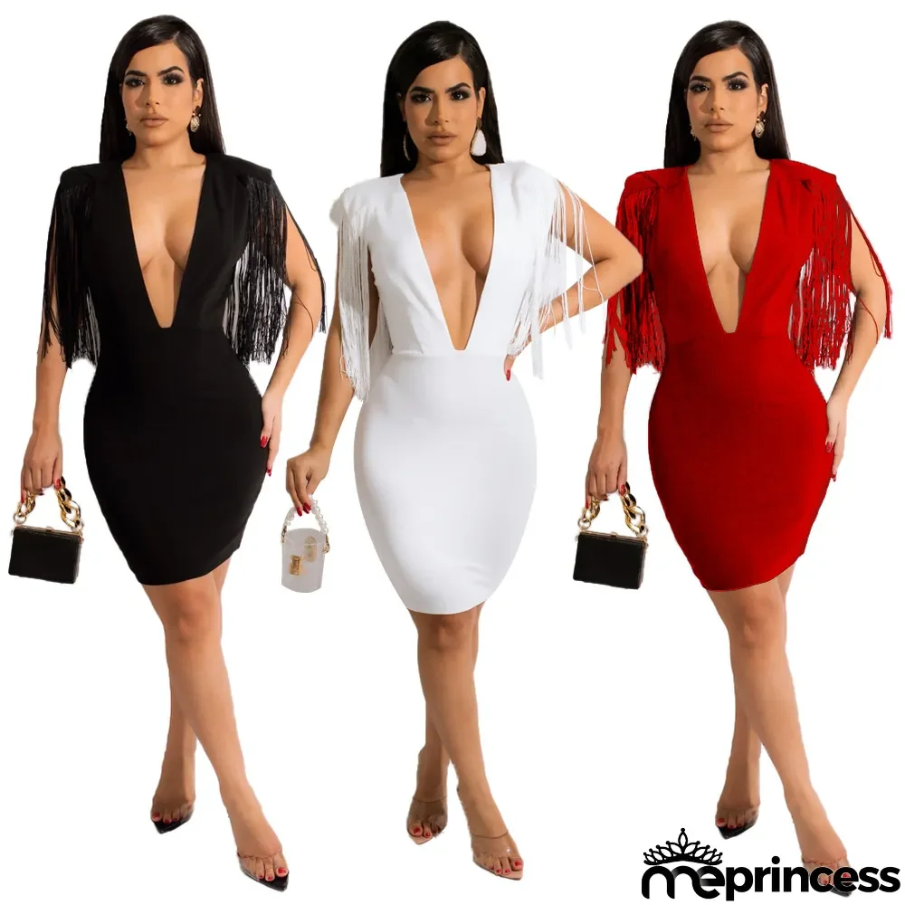 Solid Sexy Tassel Deep V Neck Bodycon Dress