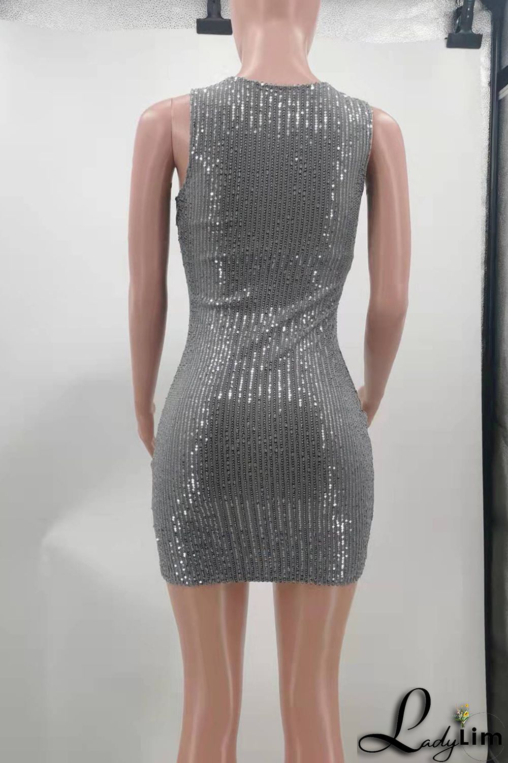 Blue Fashion Sexy Solid Sequins Patchwork O Neck Vest Dress