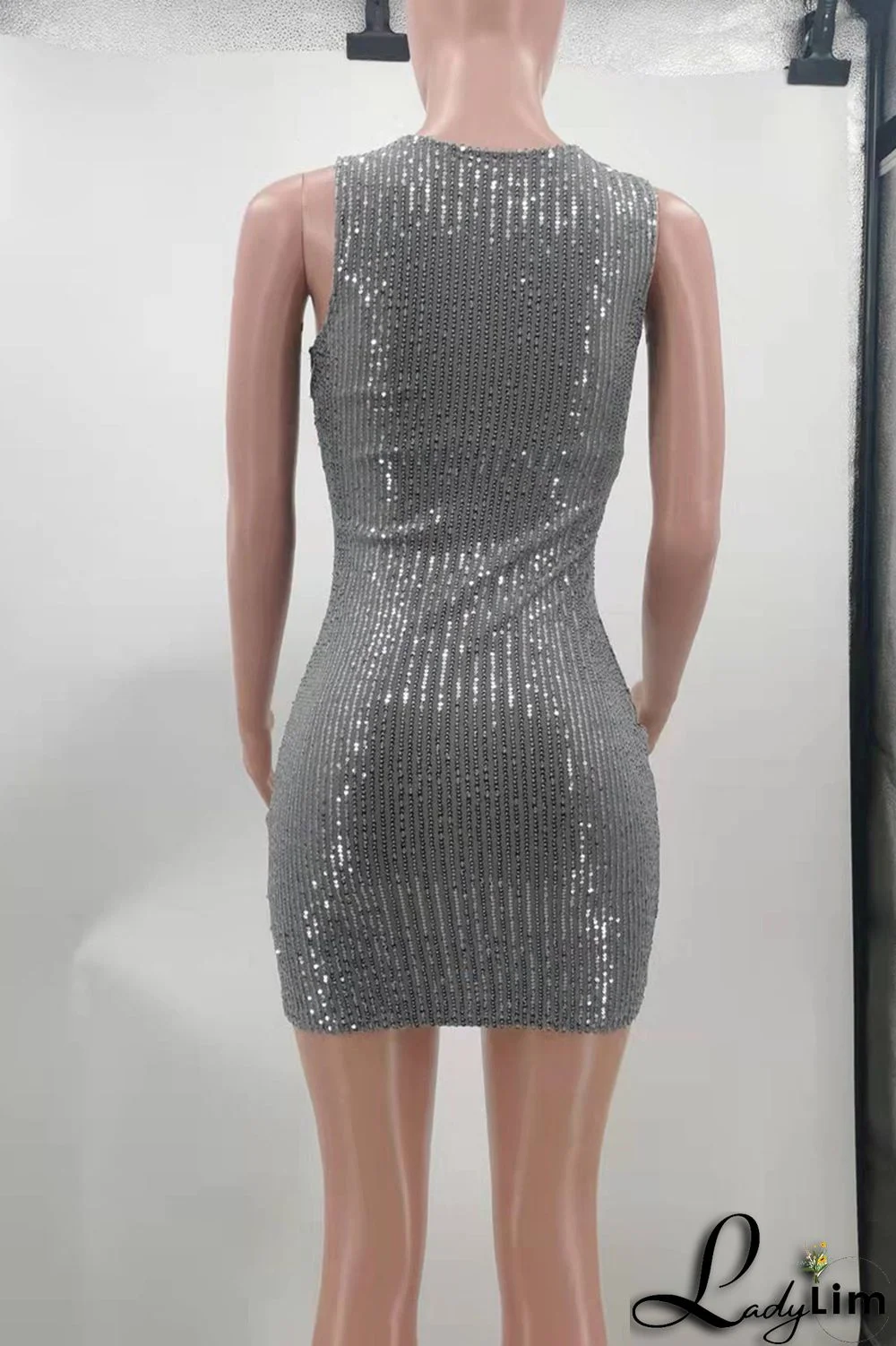 Blue Fashion Sexy Solid Sequins Patchwork O Neck Vest Dress